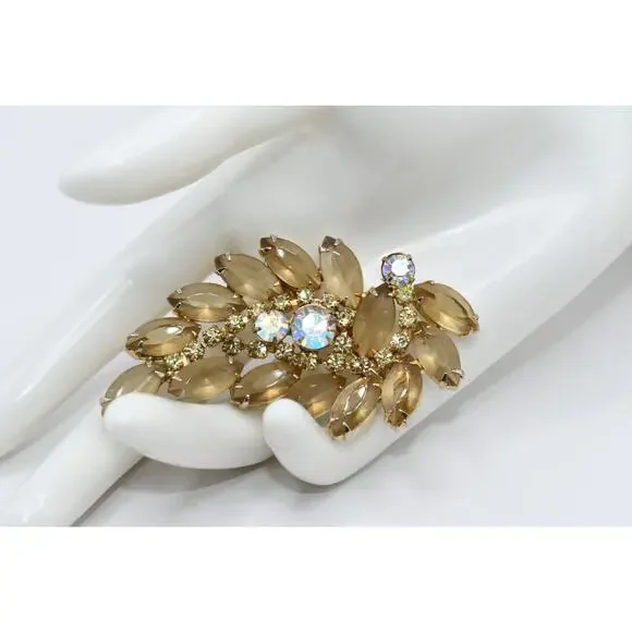 Vintage Light Topaz Rhinestone Floral Brooch AB Open Back 1950s 1960s